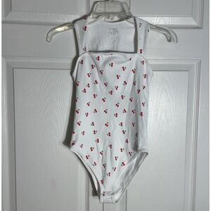 OQQ Tank Bodysuit Women Small White Cherry Print One Piece Snap Closure Bikini